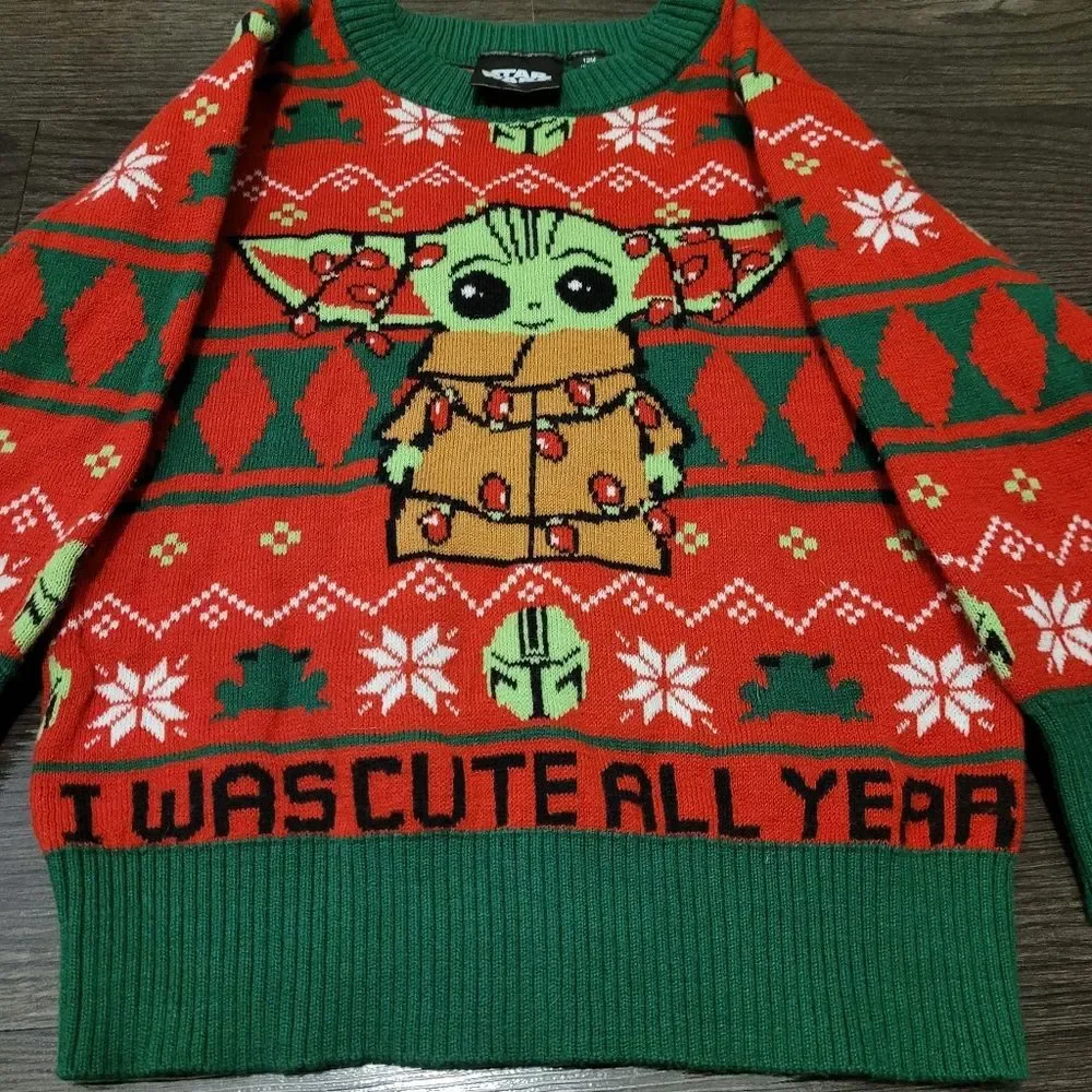 Star Wars Holiday Sweater with Baby Yoda 12 Months I Was Cute All Year Christmas